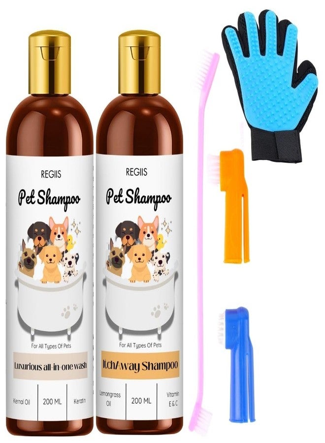 REGIIS Pet Grooming Kit with Dog Shampoo Set, 200ml All-in-One Wash and Itch Away Formula, Includes Grooming Glove and Brushes(PACK OF 4) - Image 1